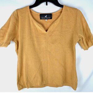 Peruvian Connection Mustard Yellow Pima Cotton Short Sleeve Sweater Sz S V Neck